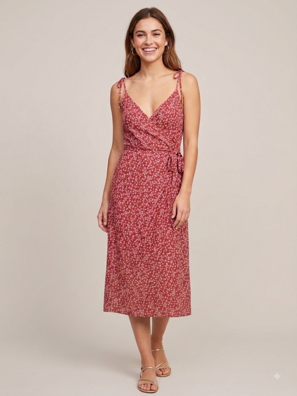 Hello Molly Floral Tie-Shoulder Wrap Midi Dress. Size Small